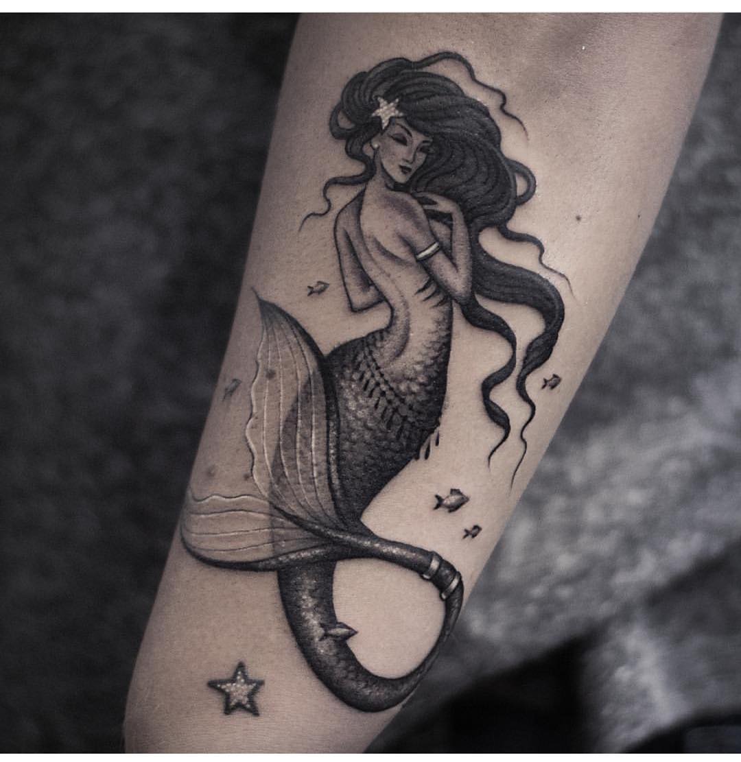Black Ink Neo Mermaid With Star Tattoo Design For Sleeve