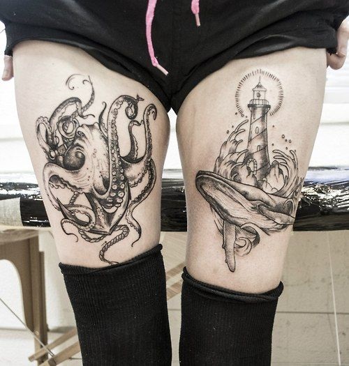 Black Ink Octopus And Lighthouse Tattoo On Girl Thigh