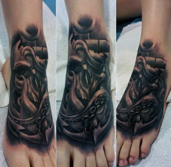 Black Ink Octopus Skull With Anchor Tattoo On Left Foot