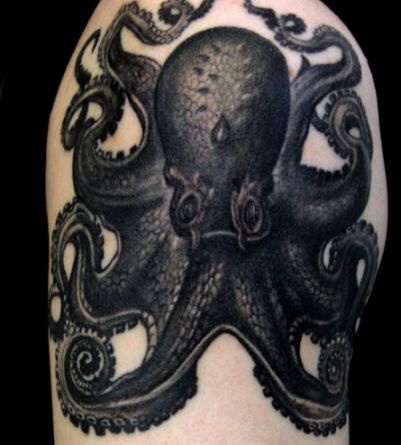 Black Ink Octopus Tattoo Design For Shoulder