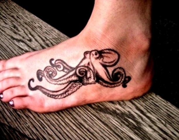 Black Ink Octopus Tattoo On Girl Left Foot