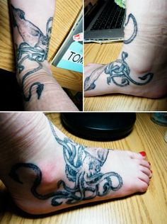 Black Ink Octopus Tattoo On Girl Right Ankle
