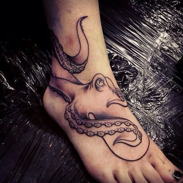 Black Ink Octopus Tattoo On Girl Right Foot