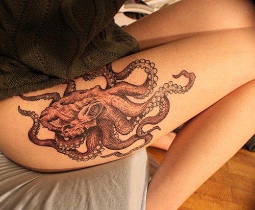 Black Ink Octopus Tattoo On Girl Right Hip