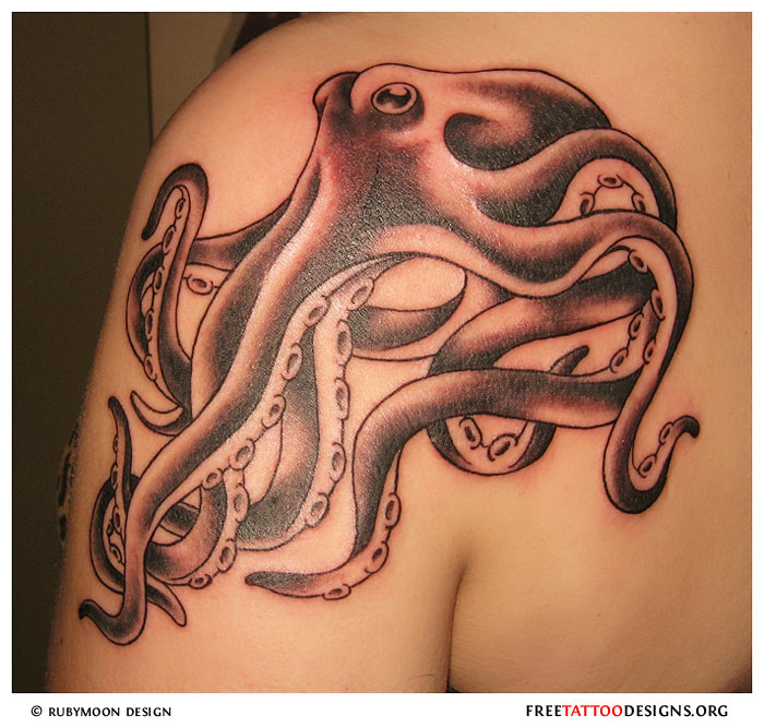 Black Ink Octopus Tattoo On Left Back Shoulder