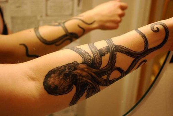 Black Ink Octopus Tattoo On Left Forearm