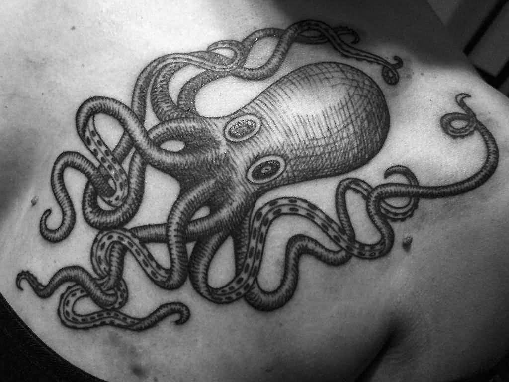 Black Ink Octopus Tattoo On Left Front Shoulder