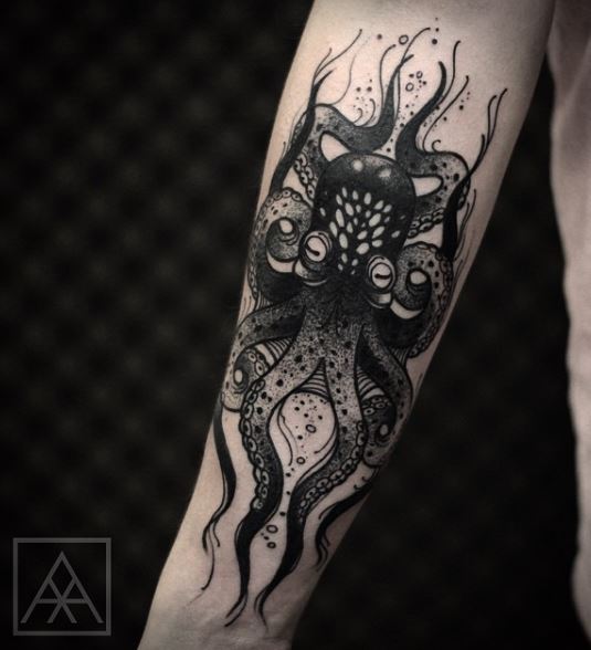 Black Ink Octopus Tattoo On Left Sleeve