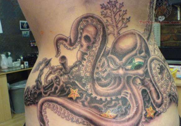 Black Ink Octopus Tattoo On Lower Back