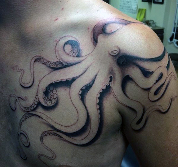 Black Ink Octopus Tattoo On Man Left Front Shoulder