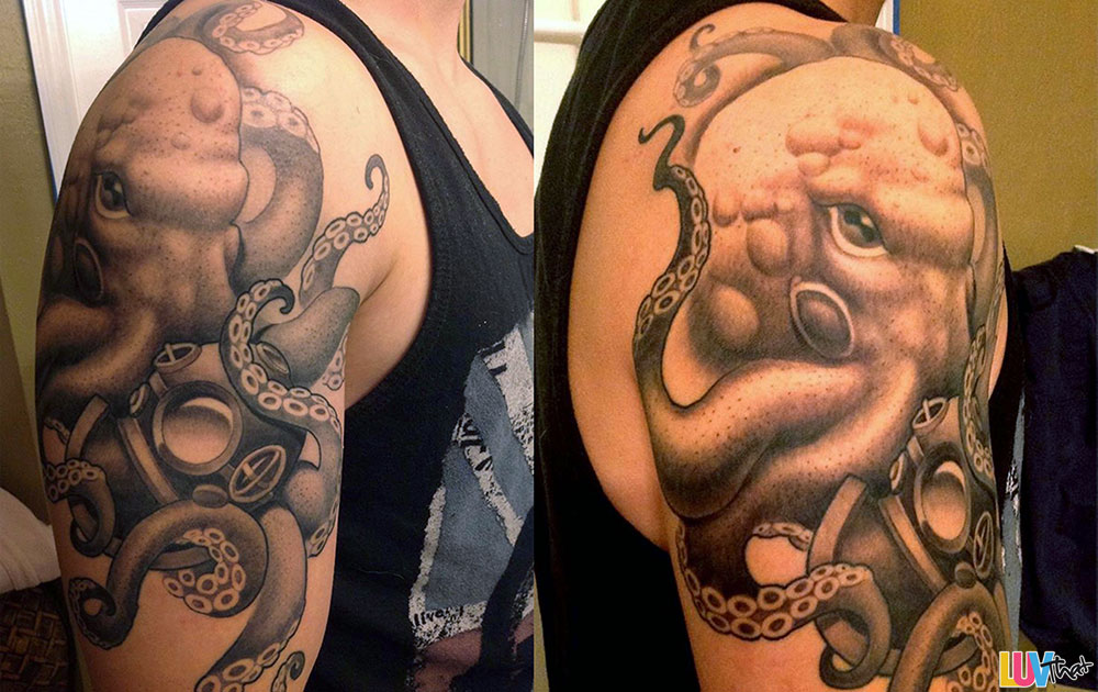 Black Ink Octopus Tattoo On Man Right Shoulder