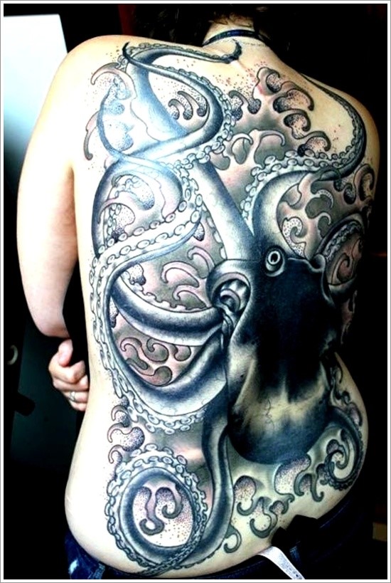 Black Ink Octopus Tattoo On Women Full Back