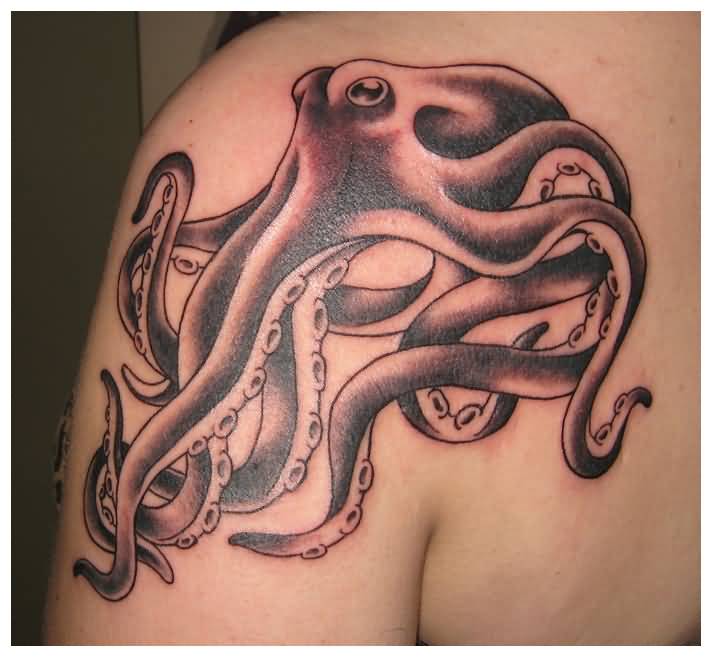 Black Ink Octopus Tattoo On Women Left Back Shoulder