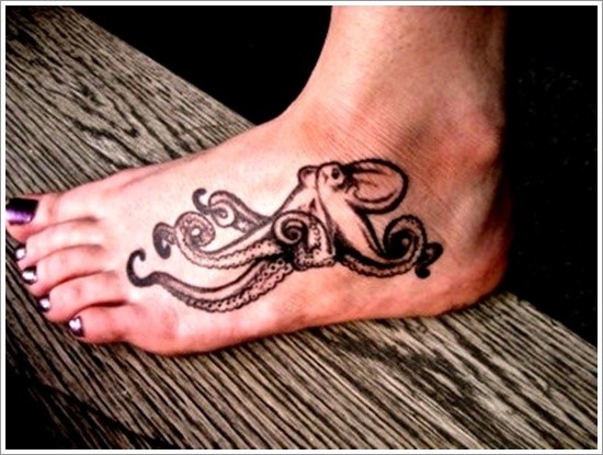 Black Ink Octopus Tattoo On Women Left Foot