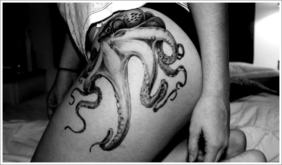 Black Ink Octopus Tattoo On Women Left Hip
