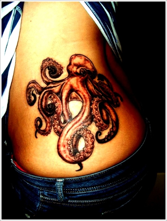 Black Ink Octopus Tattoo On Women Left Side Rib