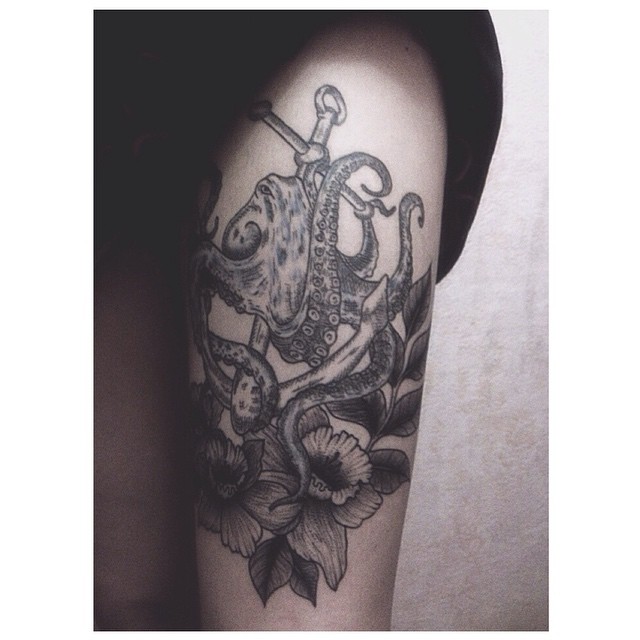 Black Ink Octopus With Anchor And Flowers Tattoo Design For Sleeve