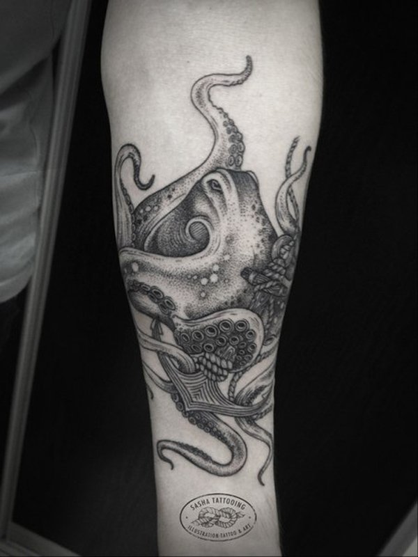 Black Ink Octopus With Anchor Tattoo Design For Forearm