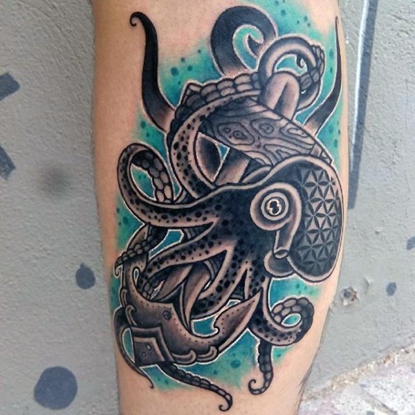 Black Ink Octopus With Anchor Tattoo Design For Leg Calf
