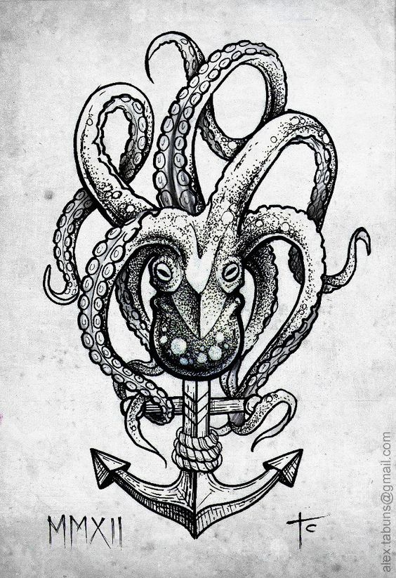 Black Ink Octopus With Anchor Tattoo Design