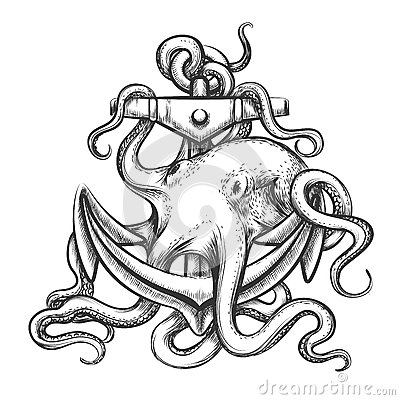 Black Ink Octopus With Anchor Tattoo Design