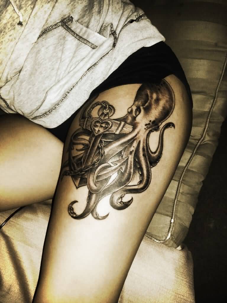 Black Ink Octopus With Anchor Tattoo On Girl Left Thigh