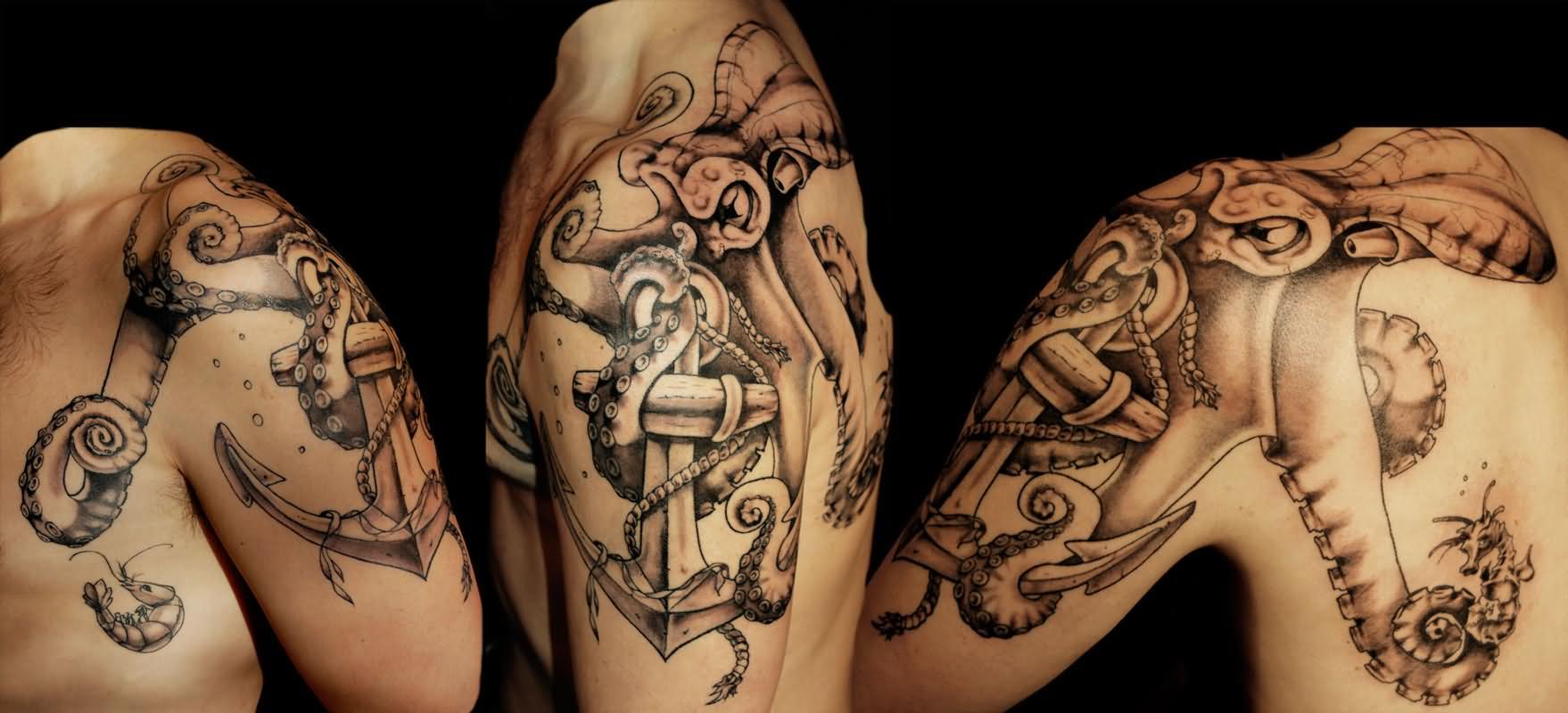 Black Ink Octopus With Anchor Tattoo On Man Left Shoulder