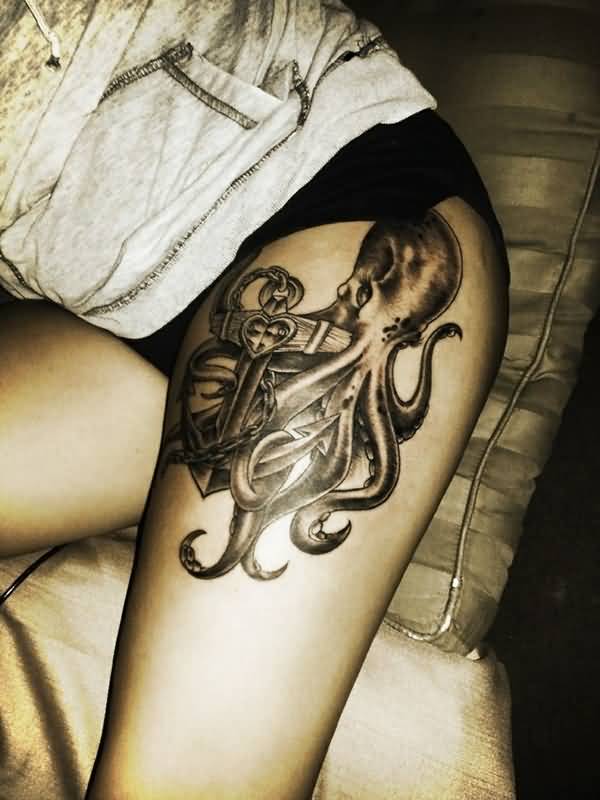 Black Ink Octopus With Anchor Tattoo On Women Left Thigh