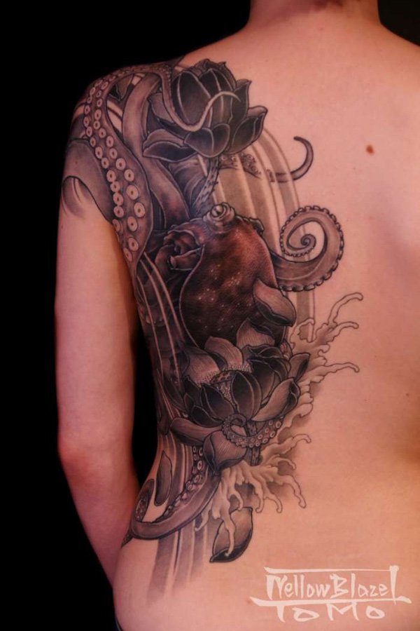 Black Ink Octopus With Flowers Tattoo On Full Back