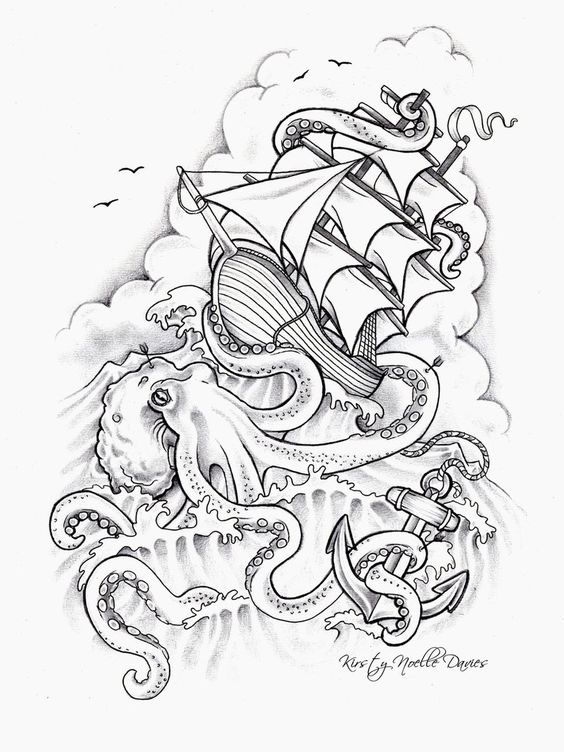 Black Ink Octopus With Ship And Anchor Tattoo Design
