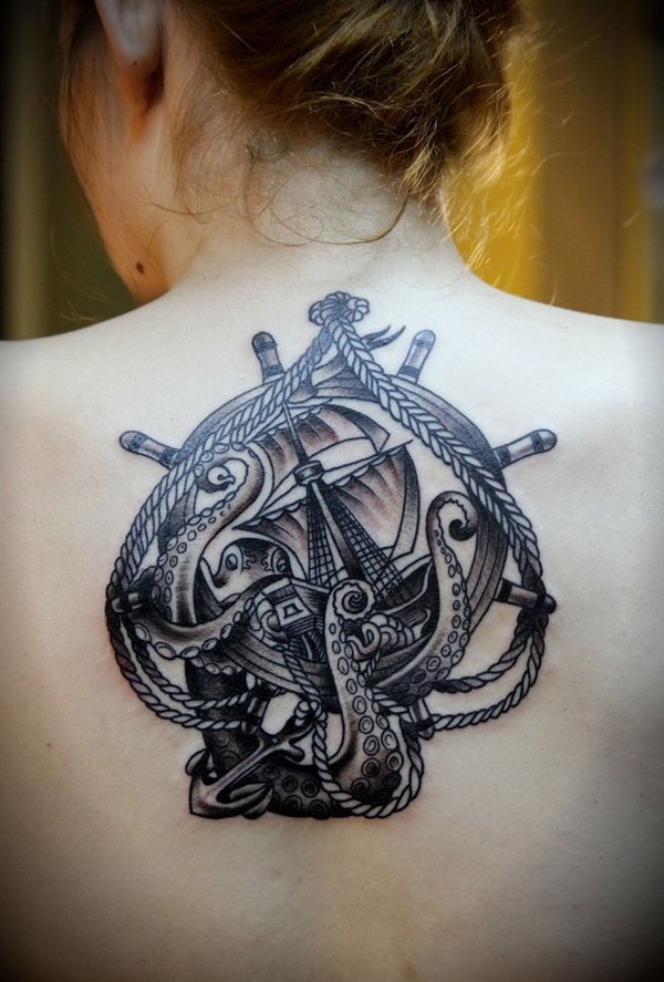 Black Ink Octopus With Ship And Anchor Tattoo On Girl Upper Back
