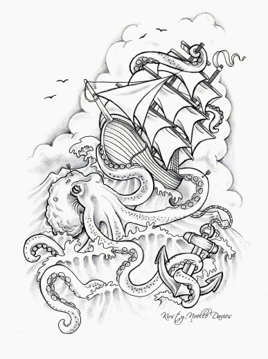 Black Ink Octopus With Ship And Anchor Tattoo Stencil