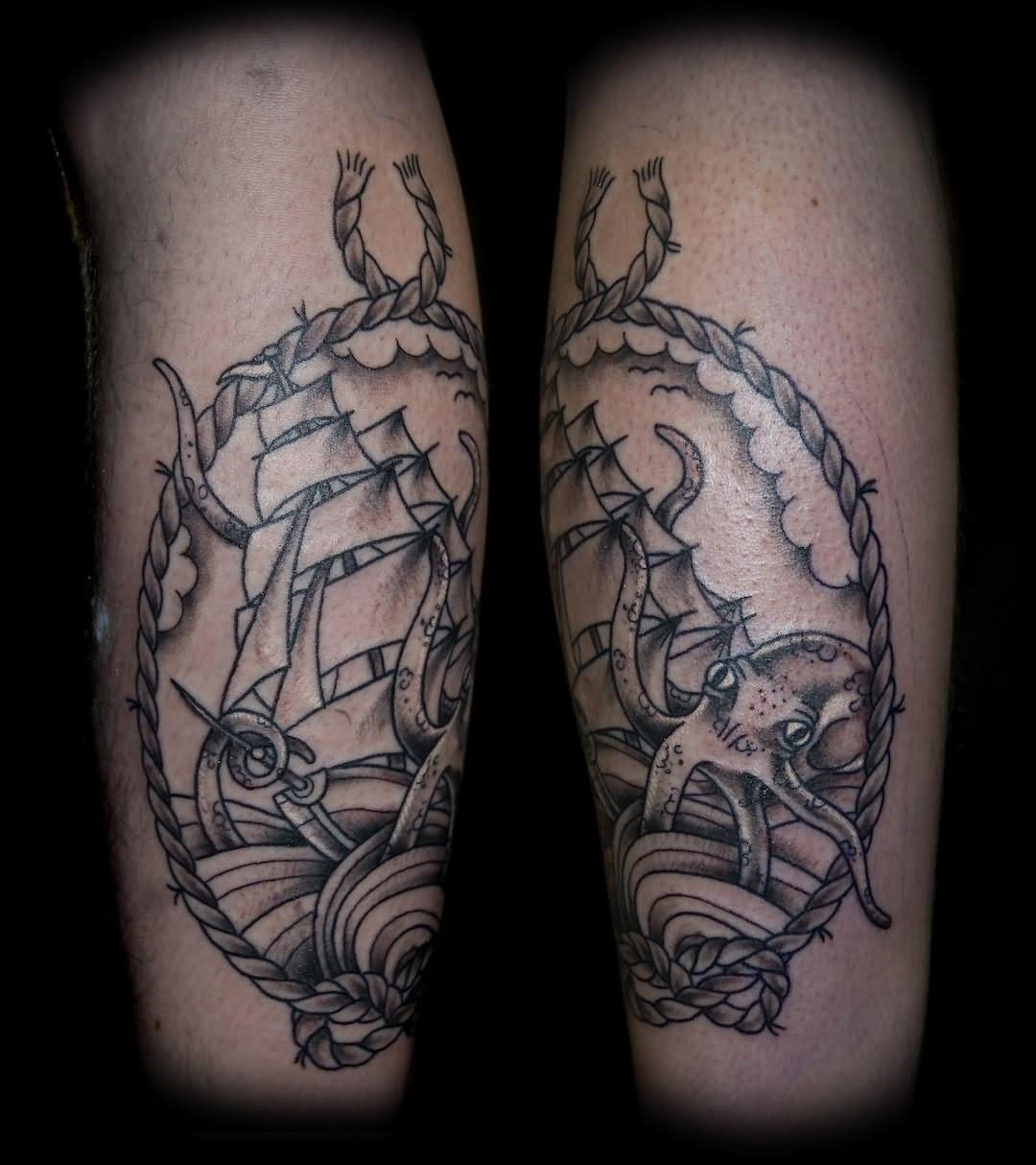 Black Ink Octopus With Ship In Rope Frame Tattoo Design For Leg