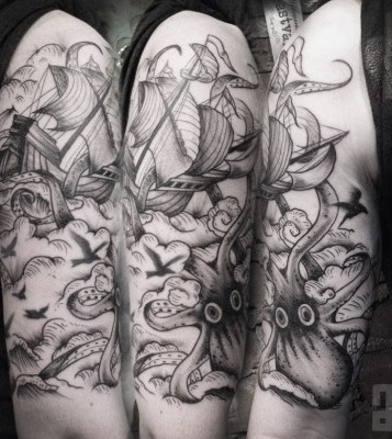 Black Ink Octopus With Ship Tattoo Design For Half Sleeve