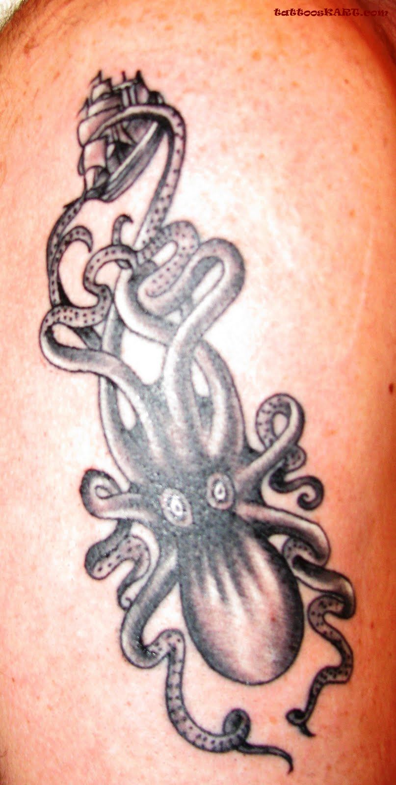 Black Ink Octopus With Ship Tattoo Design