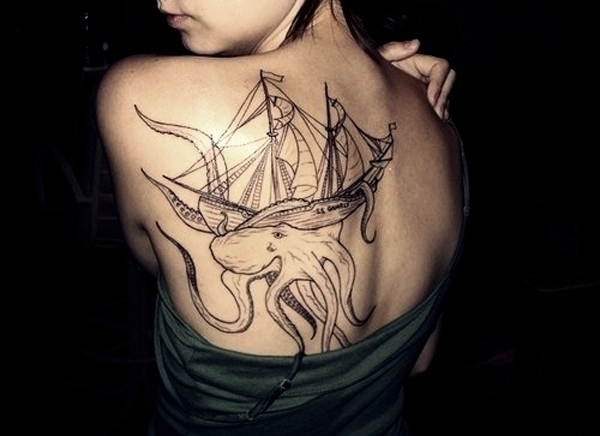 Black Ink Octopus With Ship Tattoo On Girl Left Back Shoulder