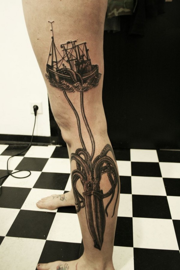 Black Ink Octopus With Ship Tattoo On Left Full Leg