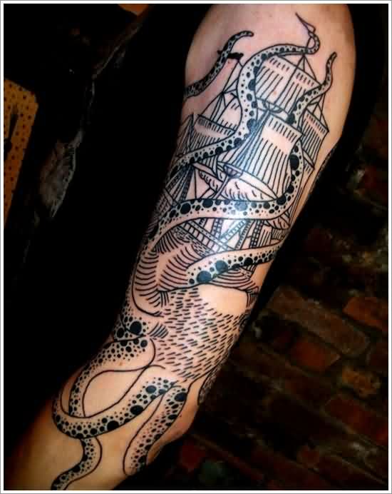 Black Ink Octopus With Ship Tattoo On Left Full Sleeve