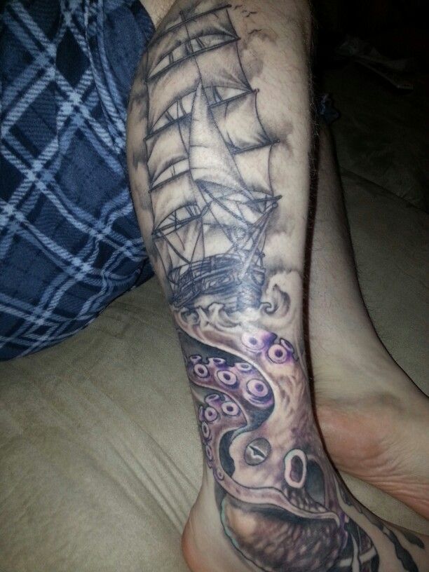 Black Ink Octopus With Ship Tattoo On Leg Calf