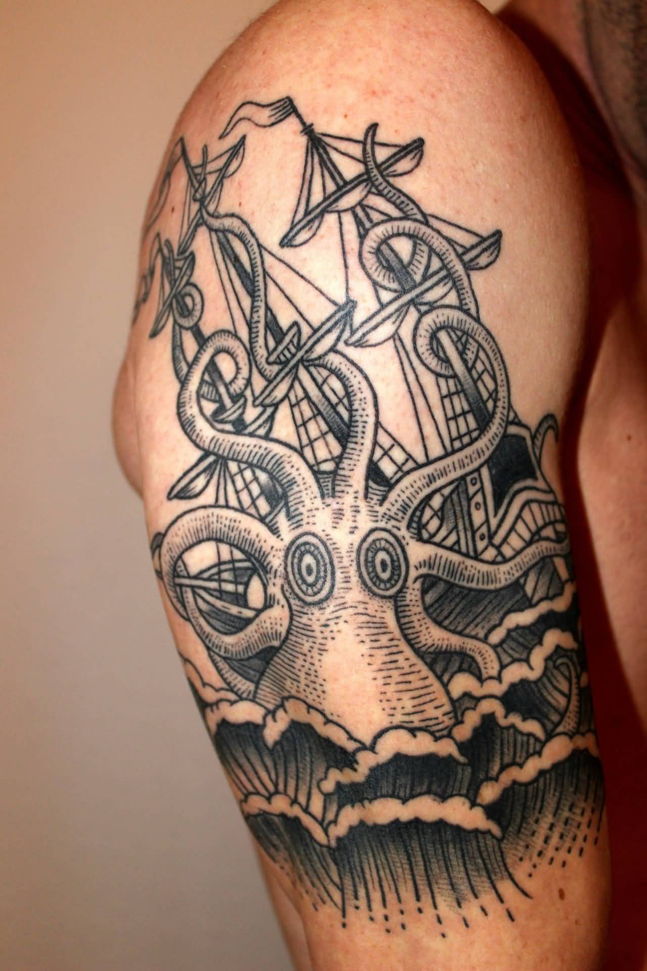 Black Ink Octopus With Ship Tattoo On Man Right Half Sleeve