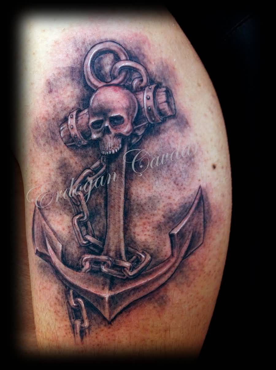 Black Ink Pirate Anchor Tattoo Design For Leg Calf
