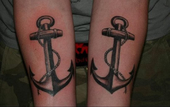 Black Ink Pirate Anchor Tattoo On Both Forearm
