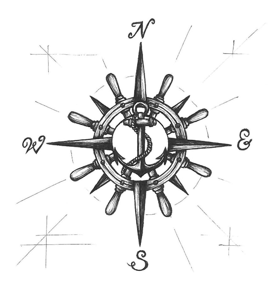 Black Ink Pirate Anchor With Compass Tattoo Design By TsukiokaShinji
