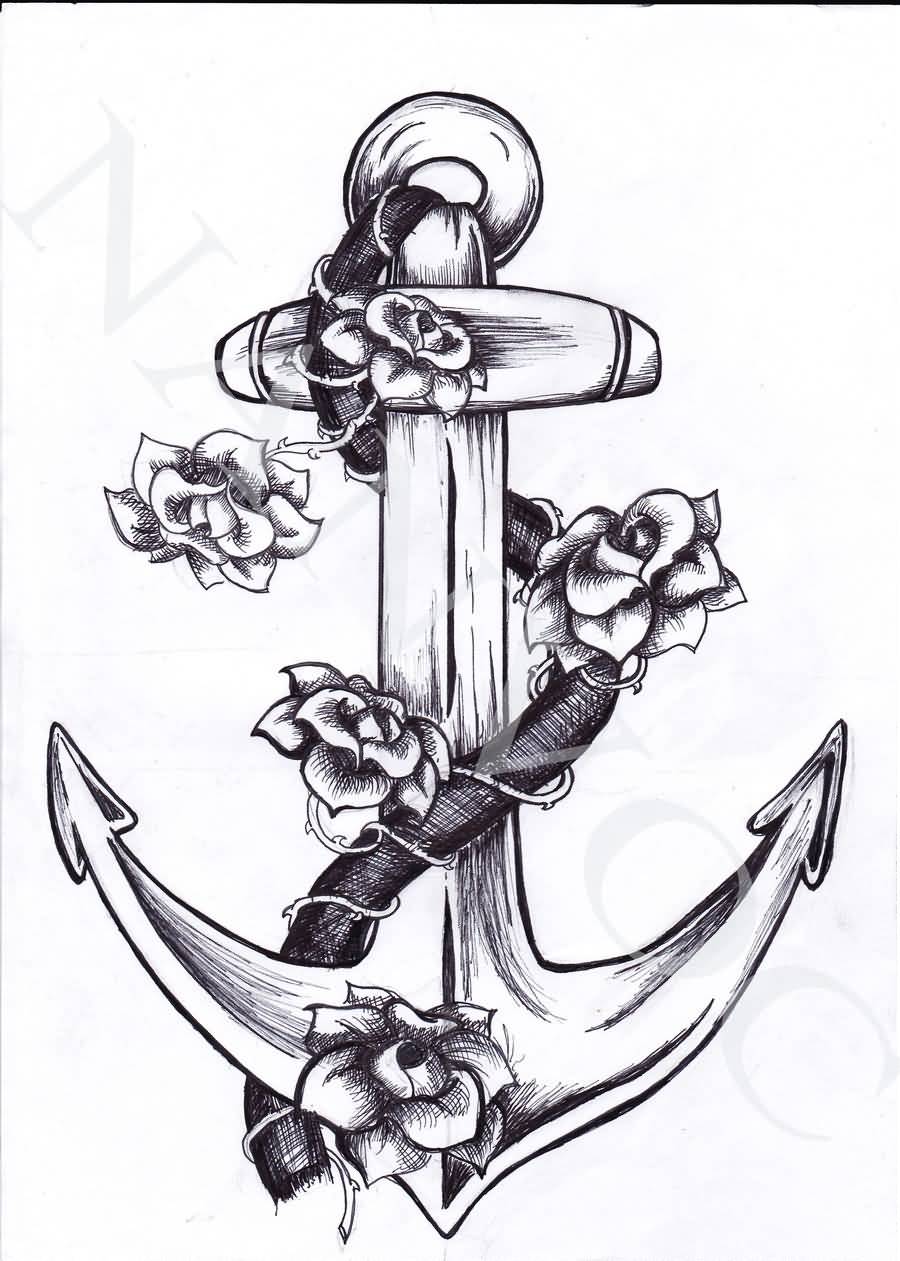 Black Ink Pirate Anchor With Flowers Tattoo Design