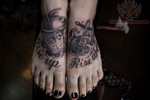 Black Ink Pirate Anchor With Pocket Watch Tattoo On Girl Feet