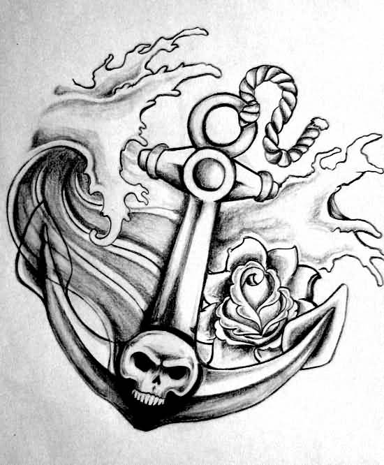 Black Ink Pirate Anchor With Rose Tattoo Design