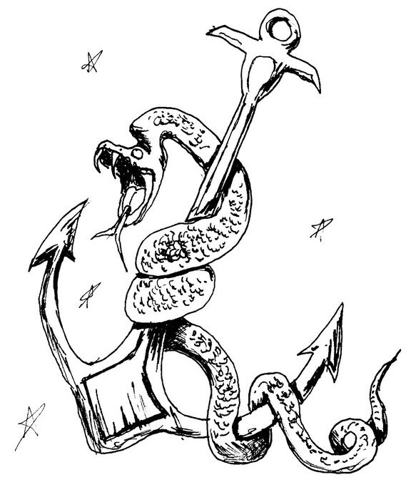 Black Ink Pirate Anchor With Snake Tattoo Design