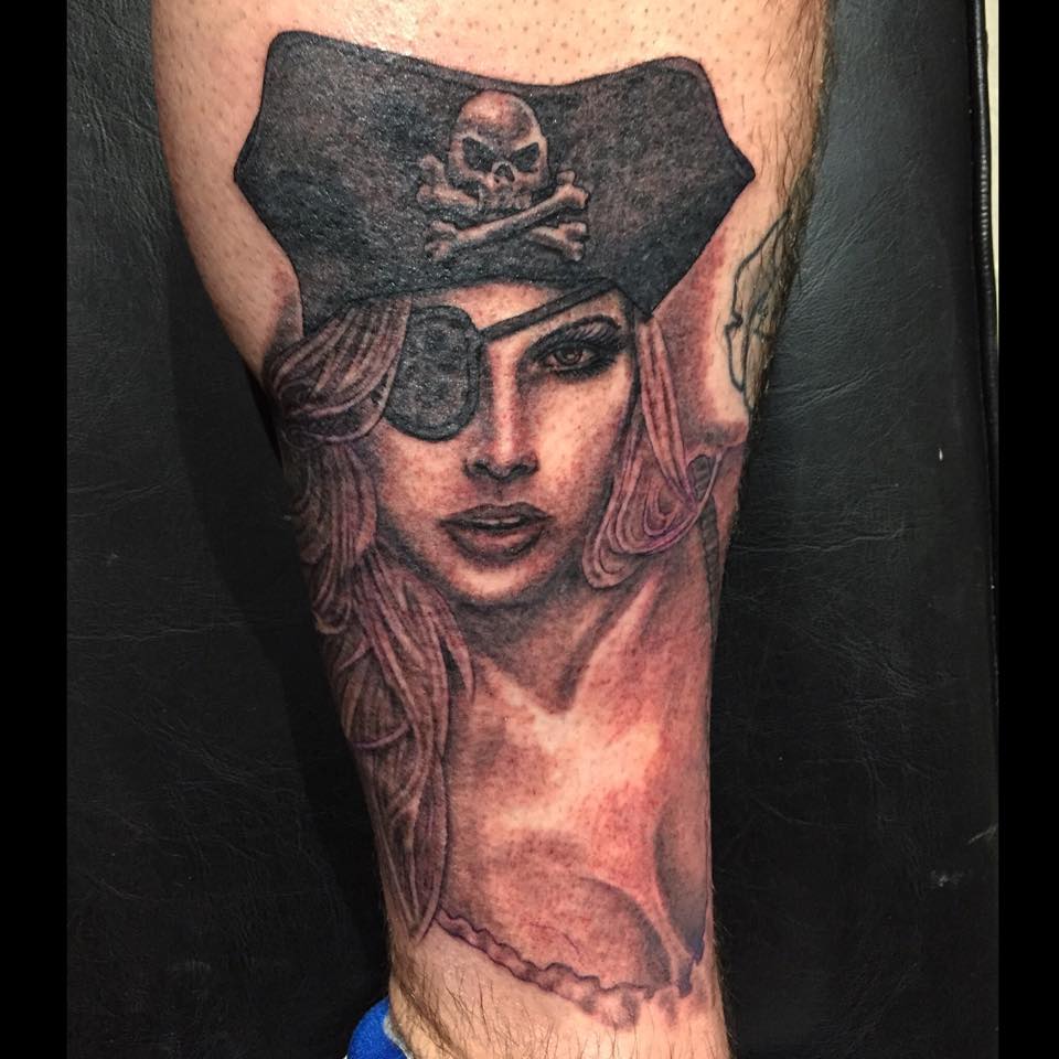 Black Ink Pirate Girl Head Tattoo Design For Leg