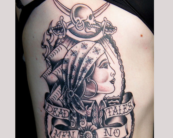 Black Ink Pirate Girl Head With Banner Tattoo Design For Side Rib
