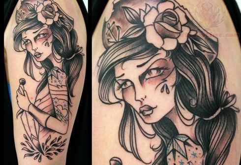 Black Ink Pirate Girl Tattoo Design For Half Sleeve